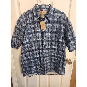 Lord & Taylor Casual Classics Short Sleeve Shirt Blue & White Size L 100% Cotton